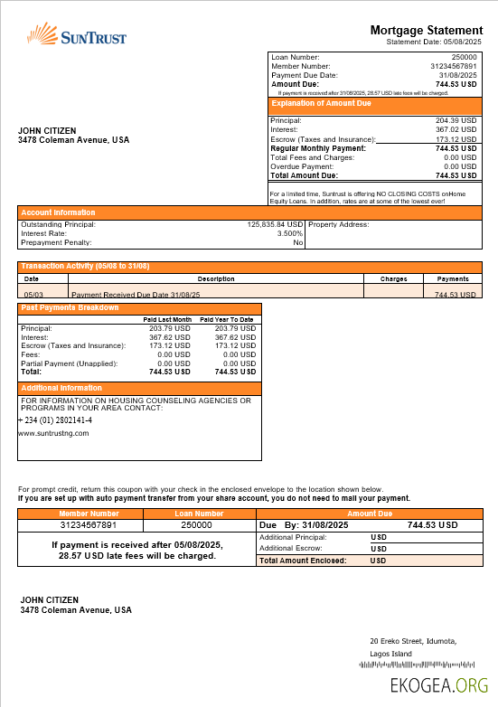 Relevé hypothécaire de la banque Suntrust aux États , Unis aux formats Word et PDF